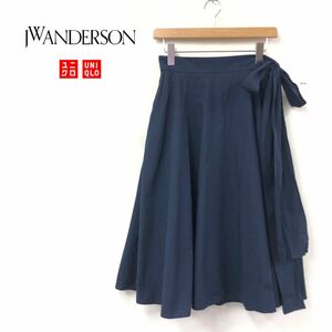 G2078-K◆UNIQLO×JW ANDERSON ユニクロ×JWアンダーソン フレアスカート◆sizeW67H94 ネイビー サイドリボン 綿100% 膝下 カジュアル