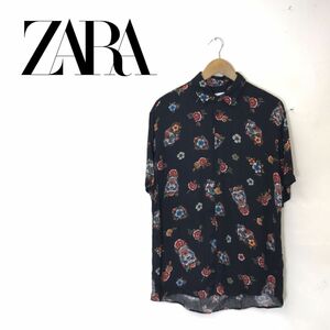 G2008-G-N◆ZARA ザラ シャツ◆sizeM ブラック メンズ トップス 半袖 総柄 花柄 バラ アニマル 動物 ヒョウ トラ カジュアル 黒色 ボタン