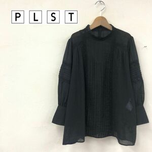 G1920-K◆PLST プラステ 7分袖ブラウス◆sizeS ブラック 薄手 透け感 綿100% レース プリーツ カジュアル プルオーバー 無地 レディース