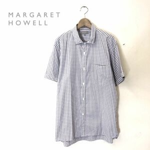 G1806-T◆MARGARET HOWELL マーガレットハウエル 半袖シャツ チェックシャツ 胸ポケット◆sizeXL グレー メンズ トップス コットン100