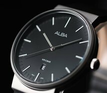 新品1円 逆輸入セイコーALBA 薄さ8ミリ視認性高く無駄削ぎ落とした王道のシンプル仕様ブラック50m防水 本革ベルト メンズ日本未発売 腕時計_画像4