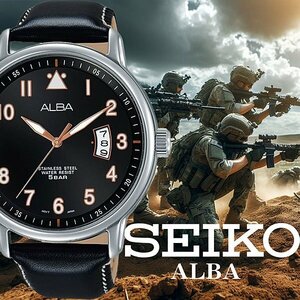 逆輸入セイコーALBA 新品1円 ミリタリー 視認性高く無駄削ぎ落とした王道のシンプル仕様 50m防水 本革ベルト メンズ日本未発売 腕時計