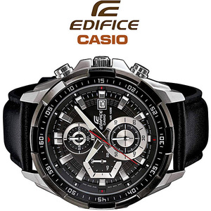 新品1円 カシオ逆輸入EDIFICEエディフィス欧米モデル100m防水 クロノグラフ 本革 腕時計 ブラックレザー 未使用 CASIO メンズ 1スタ