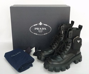 S7 PRADA プラダ モノリス ポーチ付き レザー × ナイロン レースアップ ブーツ 定価￥236500 size9 28㎝ 黒 ブラック メンズ