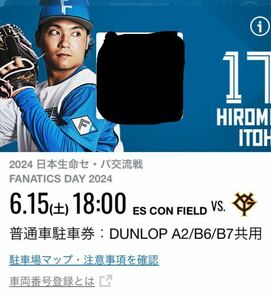 北海道日本ハムファイターズ vs 巨人　2024年 6/15（土）DUNLOP PARKING A2/B6/B7共用　普通車　駐車券　1枚　エスコンフィールド北海道