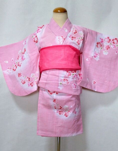 幼児浴衣サイズ100 ハンドメイド ピンク色地 桜花模様 夕涼み会 夏祭り 送料無料