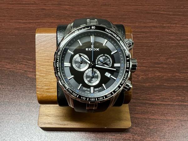 EDOX エドックス グランドオーシャン 10226 クォーツ 電池交換済 メンズ腕時計 44mm 黒文字盤 黒ラバーベルト 美品 箱付