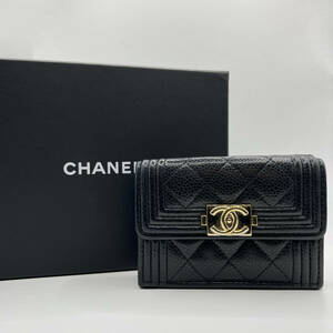 【鑑定済/美品】CHANEL 三つ折り財布/コインケース ボーイシャネルコンパクトウォレット カーフスキン 本革 レディース