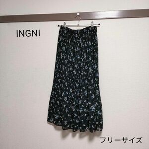 INGNI　総柄　ロングスカート　 花柄　プリーツ　 黒　サイズフリー