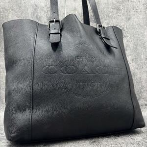 美品COACH コーチ ハドソン トートバッグ ビジネス A4収納 ビッグロゴ オールレザー 肩掛け メンズ ブラック 通勤 仕事鞄 型押し