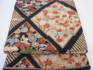 kimono ...* six through pattern book@ double-woven obi .. Mai butterfly flowers and birds writing gold thread black ground silk *yy452