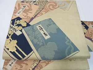  кимоно ...* античный Taisho роман Showa Retro 9 размер Nagoya obi брошюра документ золотой нить натуральный шелк *yy1066