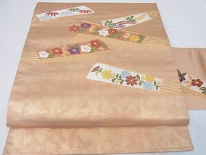 着物おきな★九寸名古屋帯　唐織　吉祥花文　金糸　正絹　美品★yy1107