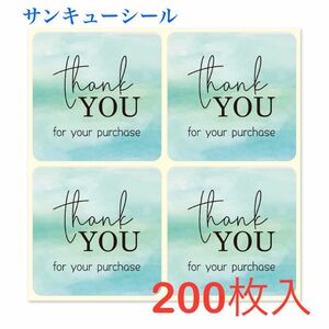 【200枚入り】サンキューシール　ステッカーありがとう　大きめ　正方形ラベル　ミディアムアクアマリン　サイズ40x40mm