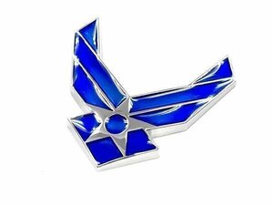 送料無料！ 「エアフォース」ロゴ エンブレム [ブルー] メタルステッカー ウイング型 空軍 ハイグロス 立体 簡単取り付け 車 バイク 汎用