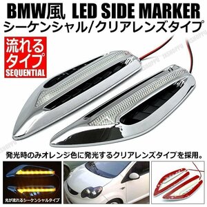 送料無料！ LED サイドマーカー クリアレンズ シーケンシャル ウィンカー オレンジ メッキ 12V BMW風 左右セット フェンダー カスタム 汎用