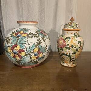 イタリア製 花瓶 2個セット 置物 壺 花器 花入 飾壺 英国スタイル ガラス 陶器 ディスプレイ 小物 店舗什器 アンティーク