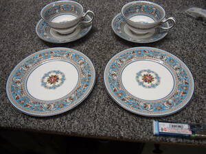 #T Британия не использовался хранение товар Wedgwood Wedgwood FLORENTINE TURQUOISEfro Len чай n бирюзовый cup & блюдце plate 2 листов 