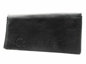 ♪Calvin Klein カルバンクライン 長財布 二つ折り財布 CK ロゴ 型押し レザー ブラック 黒 メンズ 中古品♪