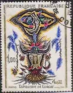 （６０２）外国切手・フランス・美術・１９６６年リユッサつずれ織り・月と牝牛