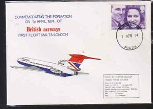 （１６３）外国切手・英国航空・FFCロンドン・マルタ１９７４n園
