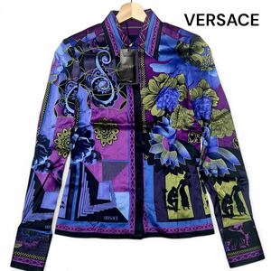 未使用 タグ付き◎シルク 38サイズ ヴェルサーチ【圧巻の高級感】VERSACE 絹 総柄 長袖 ブラウス シャツ ブルー×パープル 春夏◎メンズ