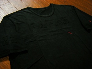 伸縮/良質品〇パパス Papas Tシャツ 50 (L) USED加工 同色ブランドロゴ 黒色