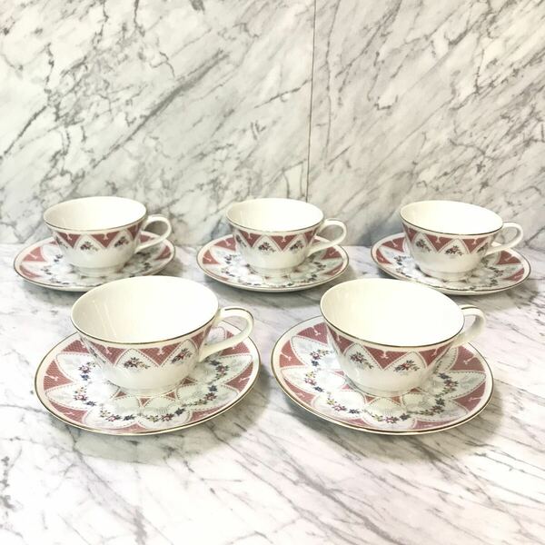 ●送料無料 Noritake ノリタケ カップ & ソーサー 5客セット ピンクxホワイトx金彩x花柄/ノリタケ コーヒーカップ ティーカップ