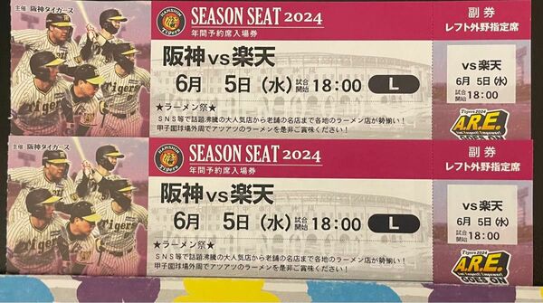 6月5日(水) 阪神甲子園球場 18:00試合開始阪神タイガース vs 楽天イーグルス レフト外野指定席 2枚連番