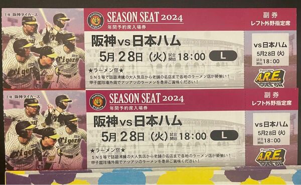 5月28日火曜日 阪神タイガース 対日本ハムファイターズ 甲子園球場 レフト外野席チケット