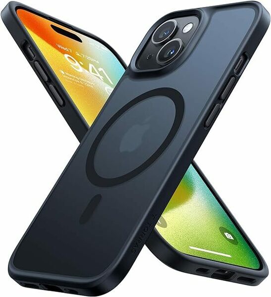 TORRAS iPhone 15 用 ケース 耐衝撃 マグネット搭載 ワイヤレス対応 半透明 マット 黄ばみなし ストラップホール付き (ブラック)