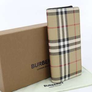 中古良品バーバリーBURBERRY チェック コンチネンタルウォレット 長財布　ブランド 8084168 A7026 ベージュ ランク：A us-2 メンズ