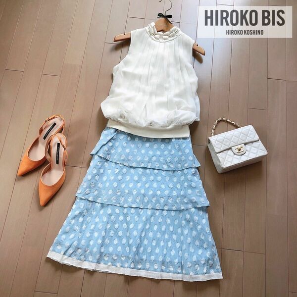 HIROKO BIS 上質レトロなティアードスカート 水色 エムプルミエ