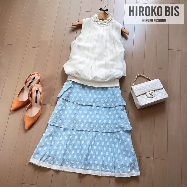 HIROKO BIS 上質レトロなティアードスカート 水色 エムプルミエ