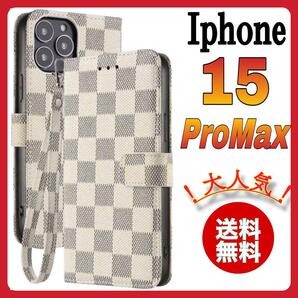 手帳型 iPhone 15ProMaxケース 白色ホワイト チェック柄 PUレザー シンプル 高級デザイン 耐衝撃 カード収納 アイホン15プロマックスカバー