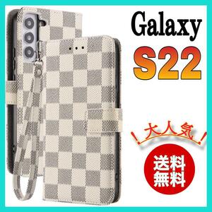 手帳型 サムスン　ギャラクシー　S22ケース　白色　PUレザー チェック柄　高級感　大人気　SamSung Galaxy s22カバー　ホワイト