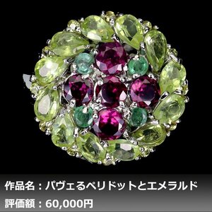 【送料無料】イケゾエガレ｜6.50ct 天然ペリドット&エメラルド&ガーネット K14WG仕上リング 19.5号｜作家モノ｜本物保証｜NGL鑑別対応