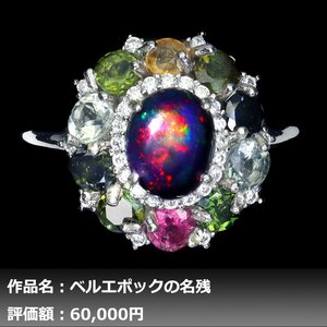 【送料無料】イケゾエガレ｜5.00ct 天然ブラックオパール&トルマリン ダイヤモンド K14WG仕上リング 17号｜作家モノ｜本物保証｜NGL鑑別対