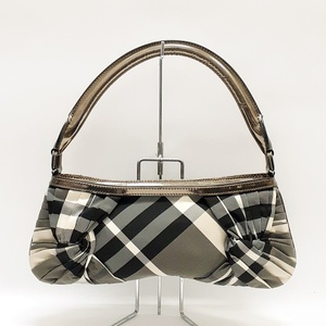 (現状品) BURBERRY チェック ナイロンキャンバス×レザー バゲット ミニバッグ ハンドバッグ ブラック×グレー系 バーバリー