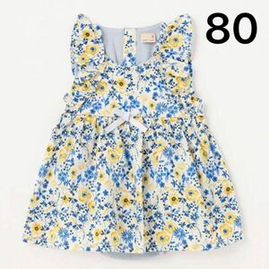 petit main プティマイン　花柄ワンピース　ロンパース　80 女の子　ブルー　水色　青　黄色　夏　ノースリーブ　フリル