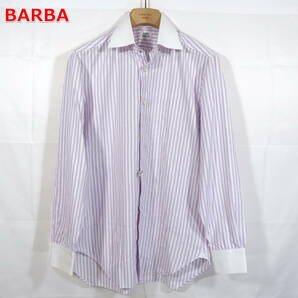 【定番】バルバ　ストライプクレリックシャツ　BARBA　サイズ４０（Ｌ相当）　白ピンク青