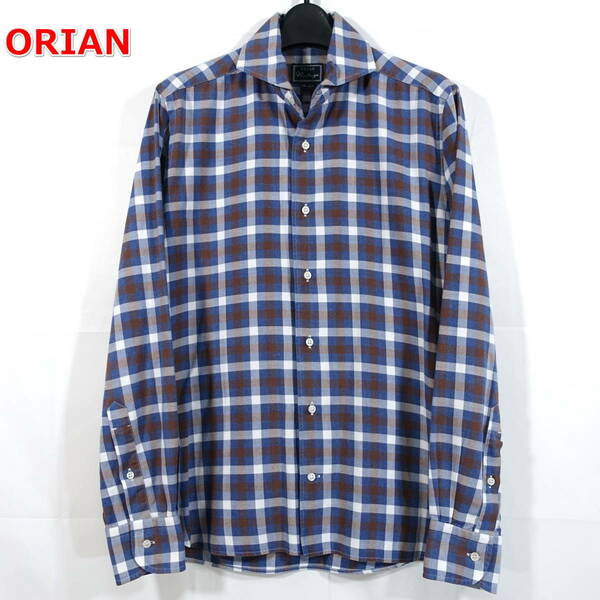 【定番】オリアン　ブロックチェックホリゾンタルカラーシャツ　ORIAN vintage SLIM FIT　サイズＳ　青茶白