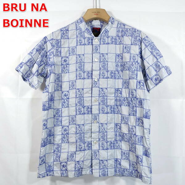 【良品】ブルーナボイン　星座柄刺繍半袖シャツ　BRU NA BOINNE　サイズ０（Ｓ相当）　白青