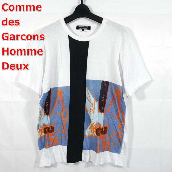 【良品】コムデギャルソンオムドゥ　抽象画黒ラインＴシャツ　COMME des GARCONS Homme Deux　サイズＳ