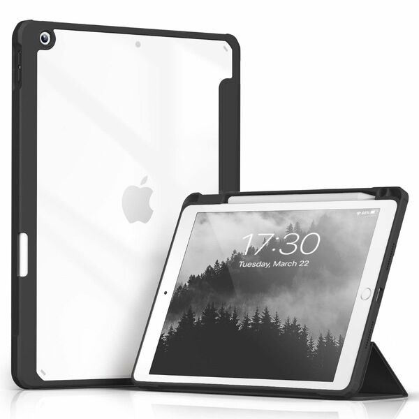 iPad ケース 透明バックカバー ペン収納 三つ折スタンド 軽量 薄型 傷つけ防止 PU合成レザー TPU