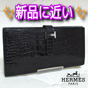 HERMES エルメス べアンスフレ アリゲーター クロコダイル クロコ ブラック 黒 長財布 折り財布