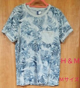 Tシャツ 半袖 古着 半袖Tシャツ 総柄 Ｈ＆Ｍ　Ｍサイズ 胸ポケット　カットソー　葉っぱ　トップス　 グレー