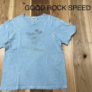 GOOD ROCK SPEED グッドロックスピード ミッキーマウス Tシャツ T-shirt TEE 半袖 ヴィンテージ加工 ブルー ビッグシルエット 玉mc2846