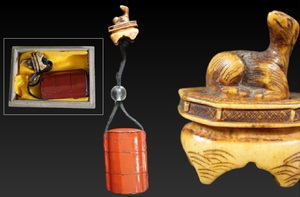 D4646-2 era netsuke seal case [. paint 3 step seal case ] [. angle .. netsuke ]. thing Edo era 