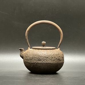 煎茶道具 釜師 時代物 鉄瓶 銅蓋 龍文堂造 漢詩の画像1